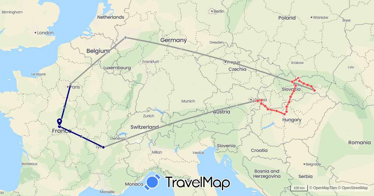 TravelMap itinerary: driving, plane, hiking in Austria, France, Hungary, Slovakia (Europe)